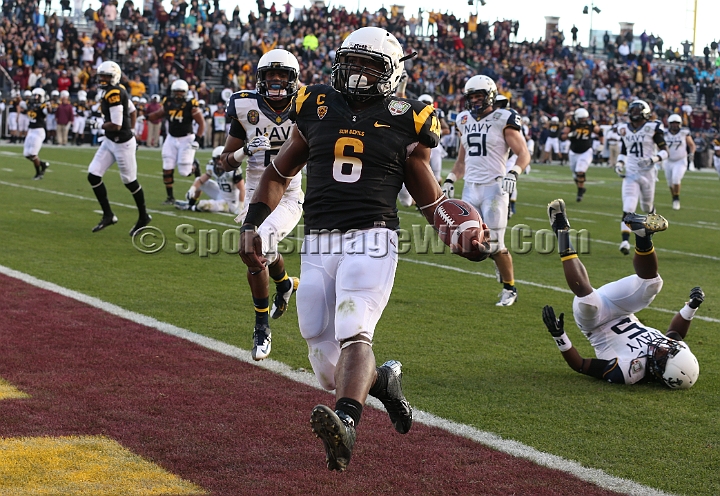 122912 Kraft SA-055.JPG - Dec 29, 2012; San Francisco, CA, USA; Arizona State Sun Devils running back Cameron Marshall (6) scores a touchdown against the Navy Midshipmen in the 2012 Kraft Fighting Hunger Bowl at AT&T Park.